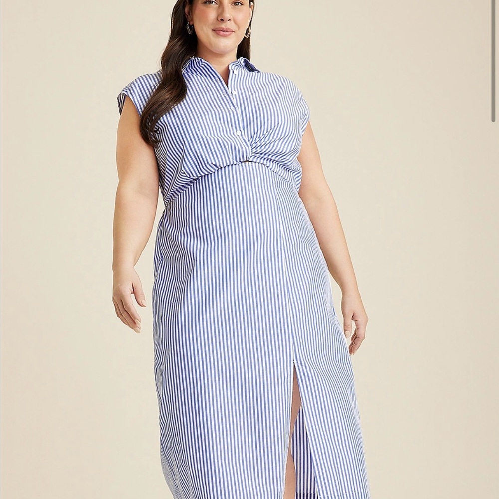 Maurices Blue and White Slit Midi Dress with Polo Collar